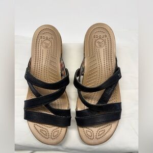Crocs A-Leigh Leather Strappy Cork Wedge Sandals - Black - Size 6